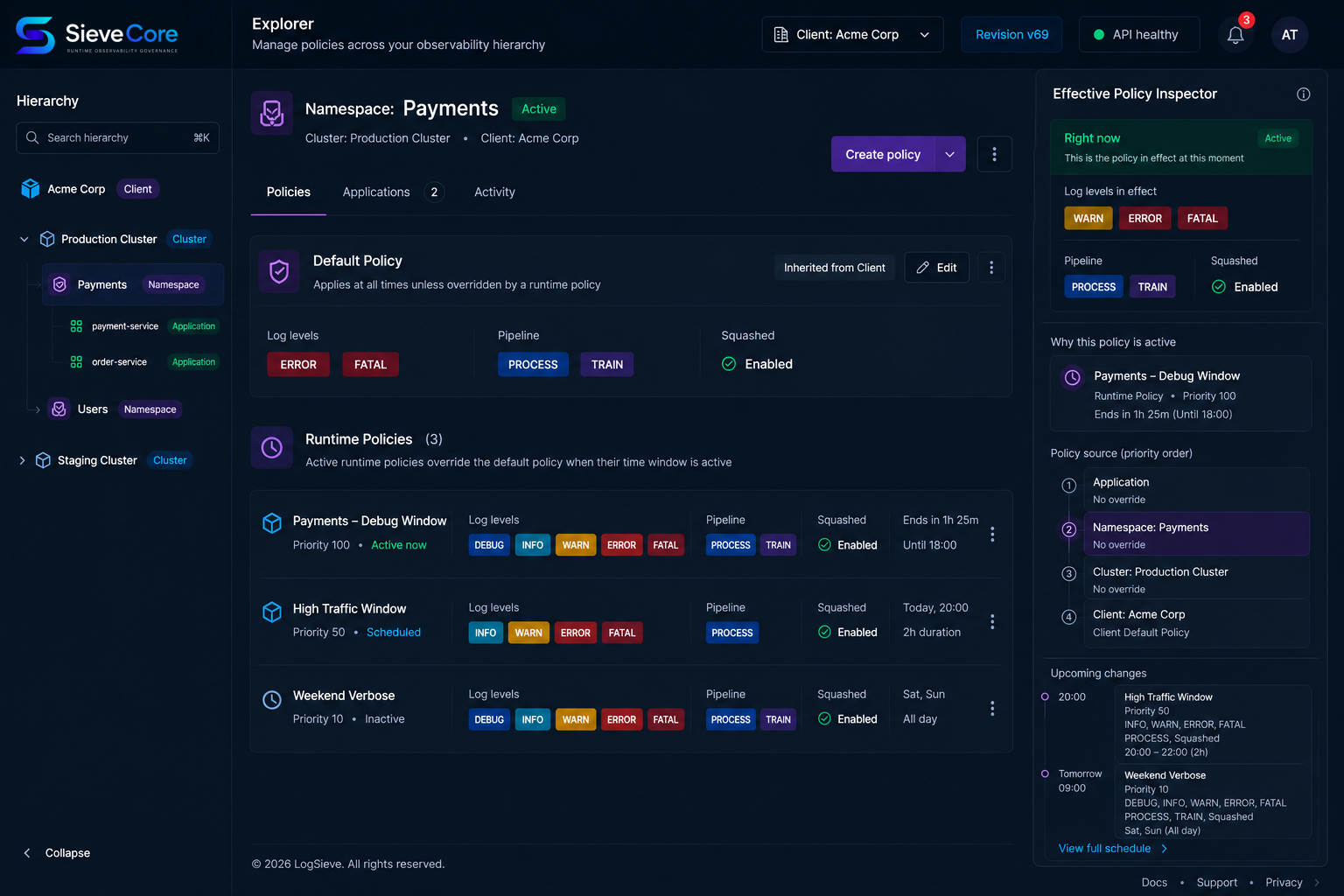 SieveCore Explorer view for browsing and filtering production logs across services and deployments